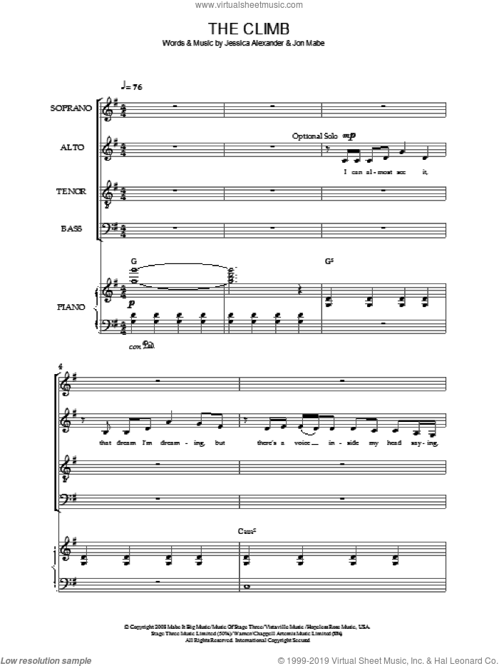 The Climb (from Hannah Montana: The Movie) sheet music for choir (SATB: soprano, alto, tenor, bass) by Miley Cyrus, Joe McElderry, Jessica Alexander and Jon Mabe, intermediate skill level