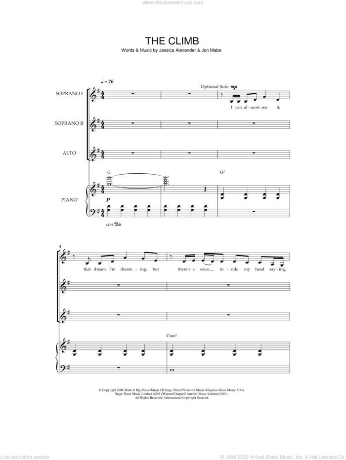 The Climb (from Hannah Montana: The Movie) sheet music for choir (SSA: soprano, alto) by Miley Cyrus, Joe McElderry, Jessica Alexander and Jon Mabe, intermediate skill level