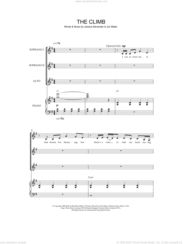 The Climb (from Hannah Montana: The Movie) sheet music for choir (SSA: soprano, alto) by Miley Cyrus, Joe McElderry, Jessica Alexander and Jon Mabe, intermediate skill level