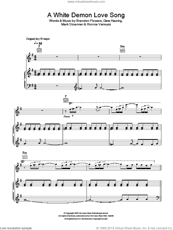 A White Demon Love Song sheet music for voice, piano or guitar by The Killers, Brandon Flowers, Dave Keuning, Mark Stoermer and Ronnie Vannucci, intermediate skill level
