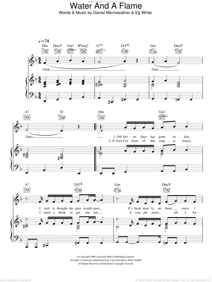 Water And A Flame sheet music for voice, piano or guitar by Daniel Merriweather featuring Adele, Adele, Daniel Merriweather and Eg White, intermediate skill level