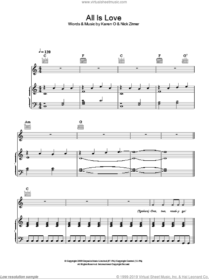 All Is Love sheet music for voice, piano or guitar by Karen O & The Kids, Karen O and Nick Zinner, intermediate skill level