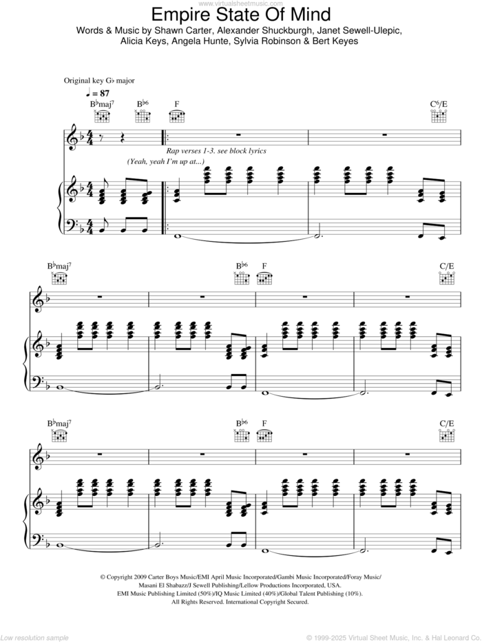 Empire State Of Mind sheet music for voice, piano or guitar by Jay-Z featuring Alicia Keys, Jay-Z, Al Shuckburgh, Alicia Keys, Angela Hunte, Bert Keyes, Janet Sewell-Ulepic, Shawn Carter and Sylvia Robinson, intermediate skill level