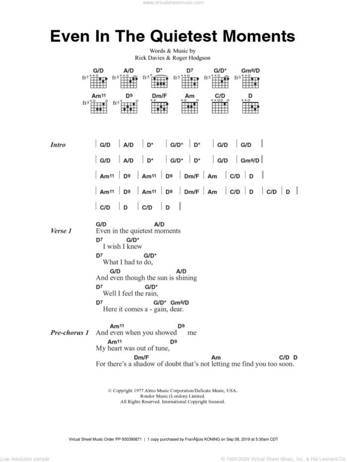 Even In The Quietest Moments sheet music for guitar (chords) by Supertramp, Rick Davies and Roger Hodgson, intermediate skill level