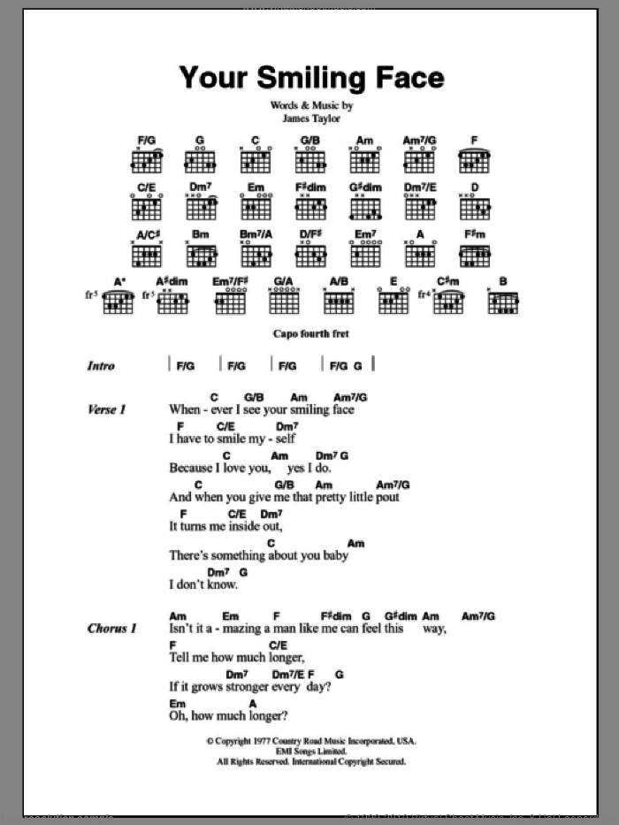 Your Smiling Face sheet music for guitar (chords) by James Taylor, intermediate skill level