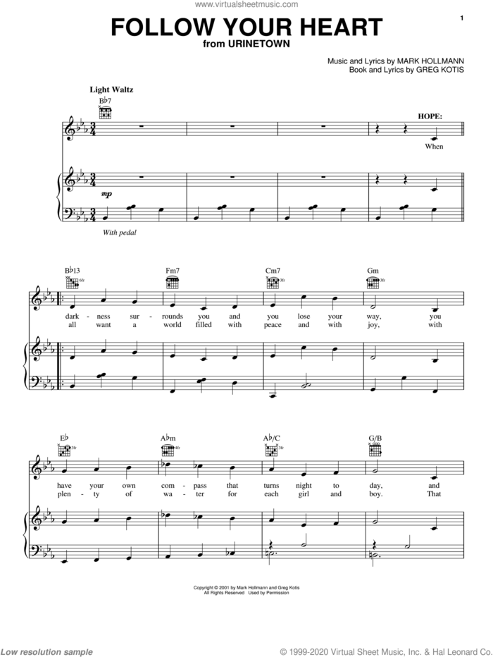 Follow Your Heart sheet music for voice, piano or guitar by Urinetown (Musical), Greg Kotis and Mark Hollmann, intermediate skill level