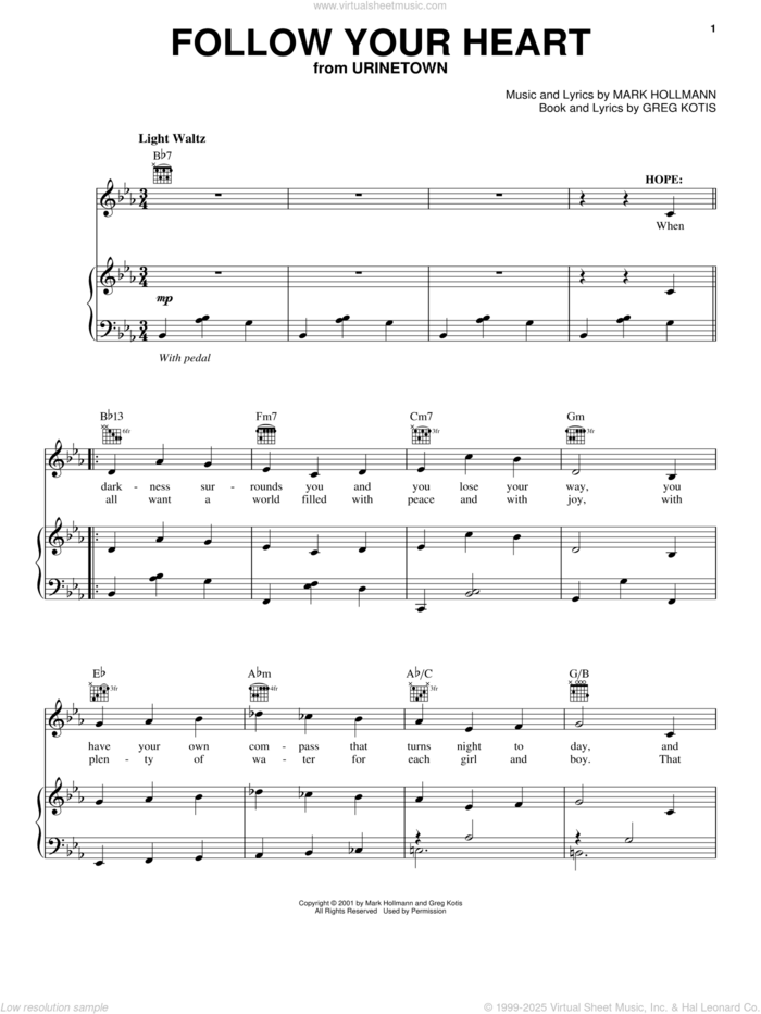 Follow Your Heart sheet music for voice, piano or guitar by Urinetown (Musical), Greg Kotis and Mark Hollmann, intermediate skill level