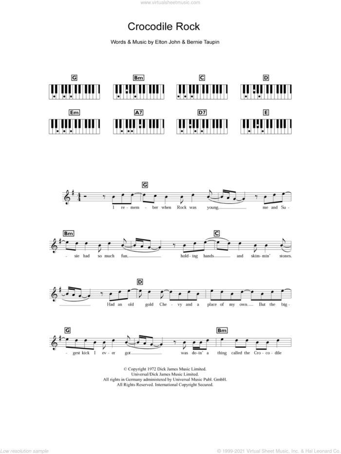 Crocodile Rock sheet music for piano solo (chords, lyrics, melody) by Elton John and Bernie Taupin, intermediate piano (chords, lyrics, melody)