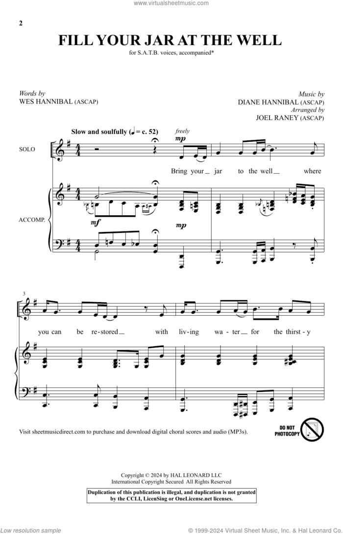 Fill Your Jar At The Well (arr. Joel Raney) sheet music for choir (SATB: soprano, alto, tenor, bass) by Wes Hannibal, Joel Raney, Wes Hannibal and Diane Hannibal and Diane Hannibal, intermediate skill level