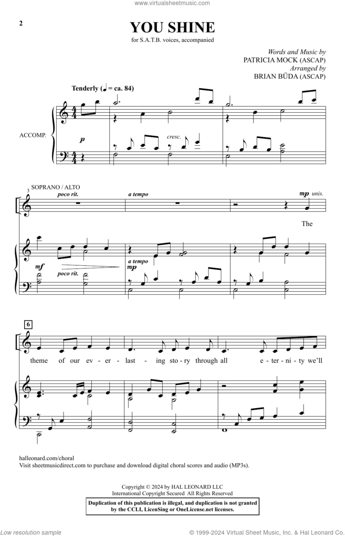 You Shine (arr. Brian Buda) sheet music for choir (SATB: soprano, alto, tenor, bass) by Patricia Mock and Brian Buda, intermediate skill level