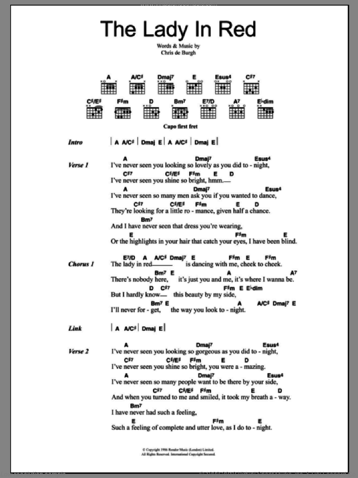 The Lady In Red sheet music for guitar (chords) by Chris de Burgh, intermediate skill level
