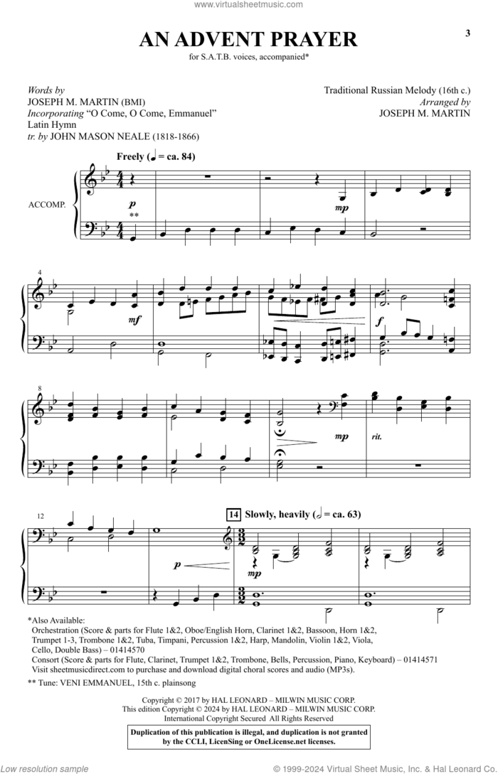 An Advent Prayer sheet music for choir (SATB: soprano, alto, tenor, bass) by Joseph M. Martin and Traditional Russian Melody, intermediate skill level