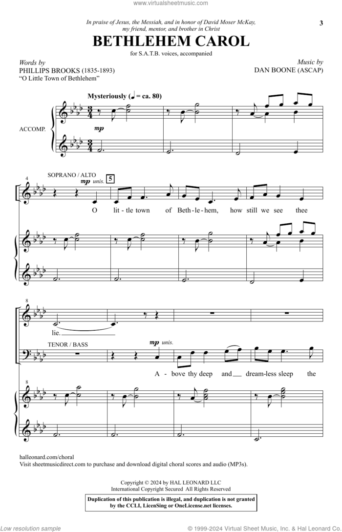 Bethlehem Carol sheet music for choir (SATB: soprano, alto, tenor, bass) by Dan Boone and Phillips Brooks, intermediate skill level