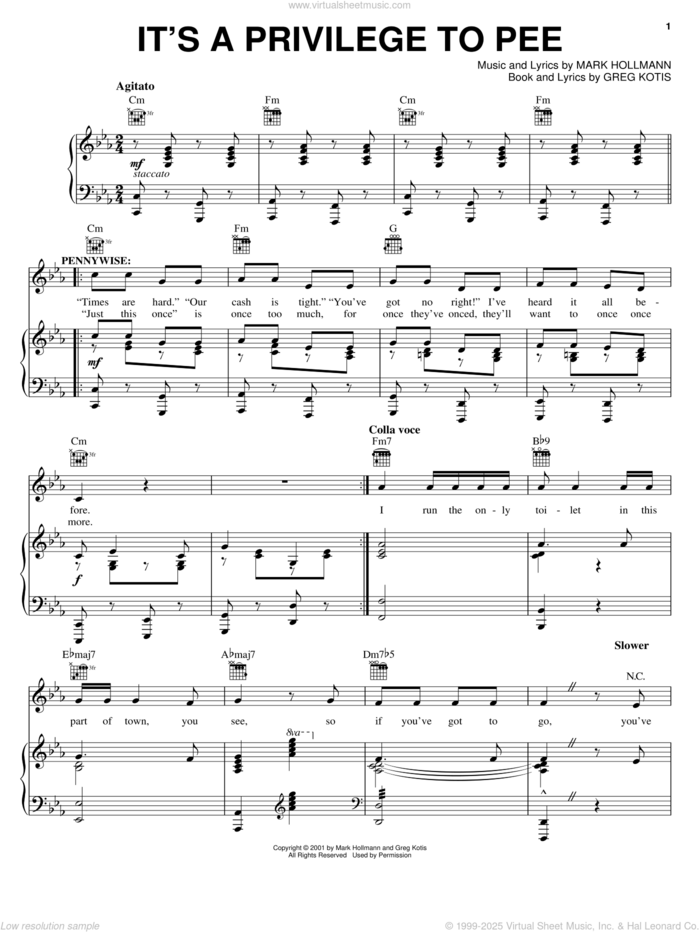 It's A Privilege To Pee sheet music for voice, piano or guitar by Urinetown (Musical), Greg Kotis and Mark Hollmann, intermediate skill level