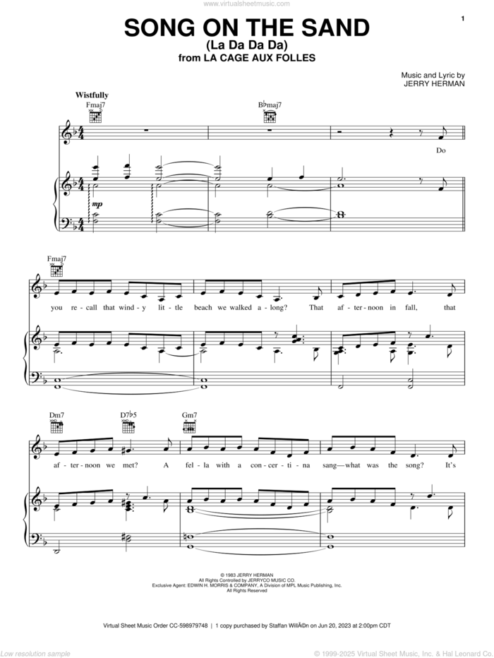 Song On The Sand (La Da Da Da) sheet music for voice, piano or guitar by Jerry Herman, intermediate skill level