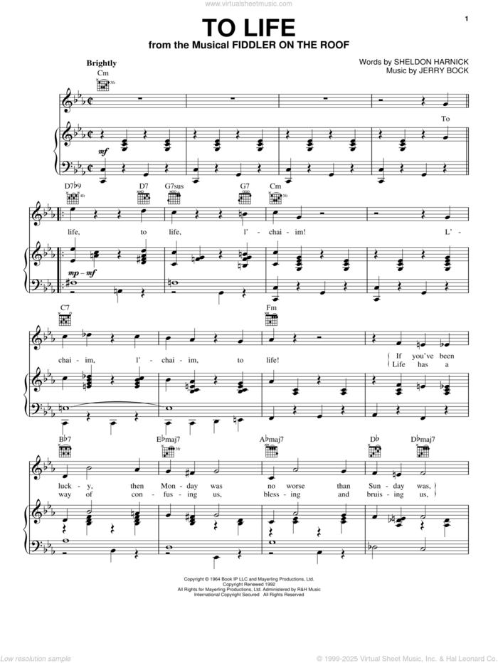 To Life sheet music for voice, piano or guitar by Bock & Harnick, Fiddler On The Roof (Musical), Jerry Bock and Sheldon Harnick, intermediate skill level