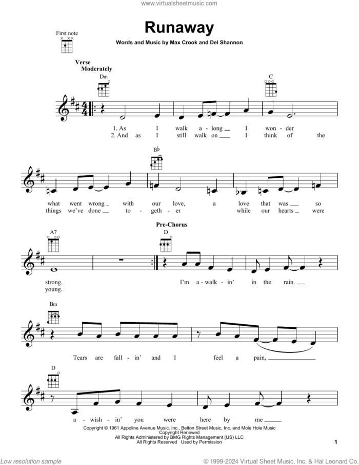 Runaway sheet music for ukulele by Del Shannon and Max Crook, intermediate skill level