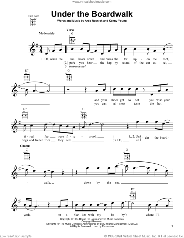 Under The Boardwalk sheet music for ukulele by The Drifters, Artie Resnick and Kenny Young, intermediate skill level