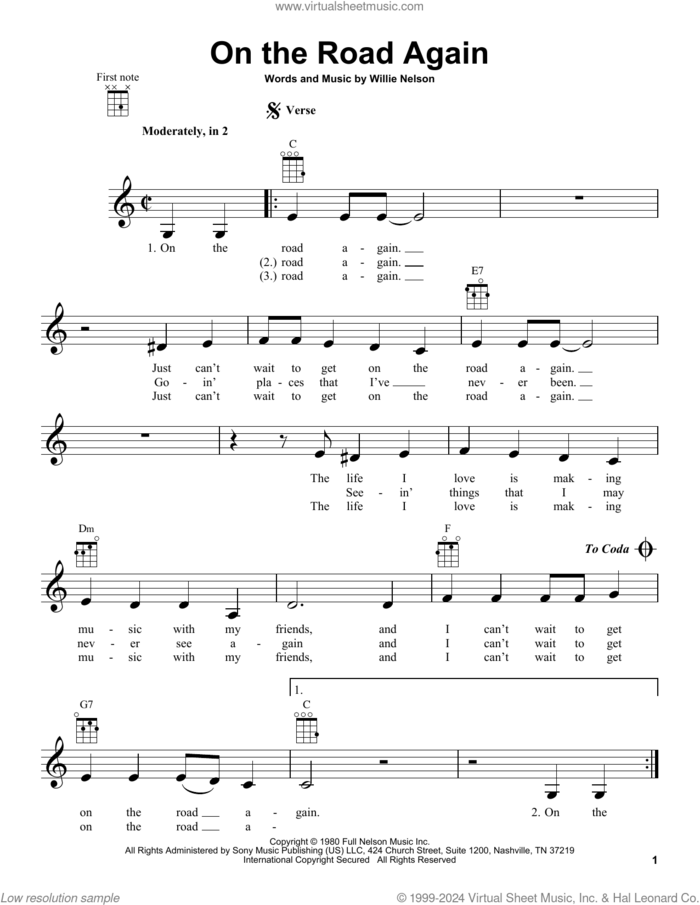 On The Road Again sheet music for ukulele by Willie Nelson, intermediate skill level