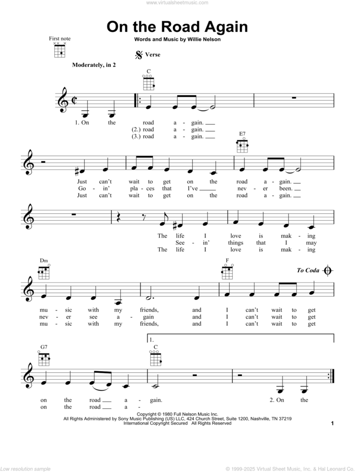 On The Road Again sheet music for ukulele by Willie Nelson, intermediate skill level