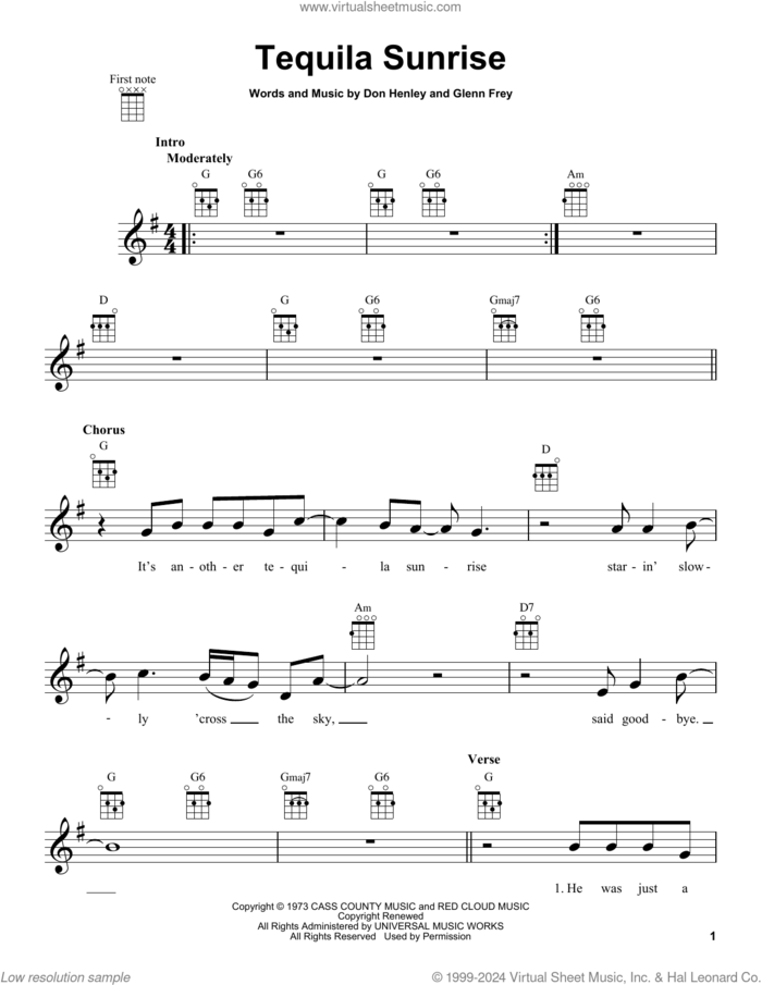 Tequila Sunrise sheet music for ukulele by Don Henley, The Eagles and Glenn Frey, intermediate skill level