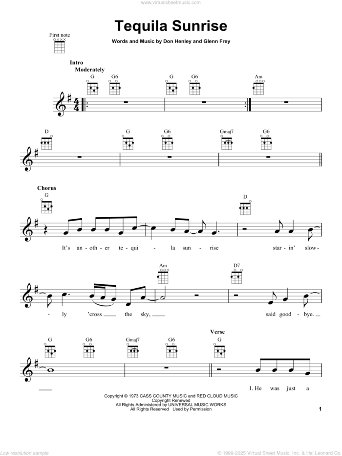 Tequila Sunrise sheet music for ukulele by Don Henley, The Eagles and Glenn Frey, intermediate skill level