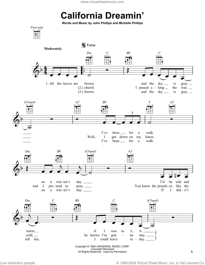 California Dreamin' sheet music for ukulele by The Mamas & The Papas, John Phillips and Michelle Phillips, intermediate skill level