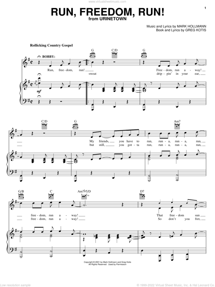 Run, Freedom, Run! sheet music for voice, piano or guitar by Urinetown (Musical), Greg Kotis and Mark Hollmann, intermediate skill level