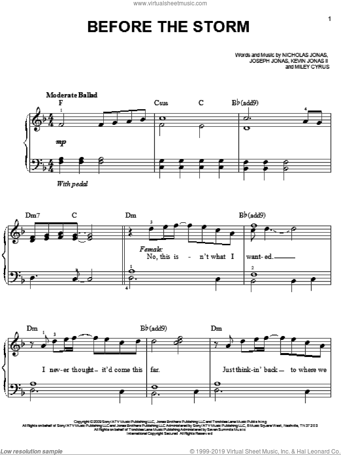 Before The Storm sheet music for piano solo by Jonas Brothers featuring Miley Cyrus, Jonas Brothers, Joseph Jonas, Kevin Jonas II, Miley Cyrus and Nicholas Jonas, easy skill level