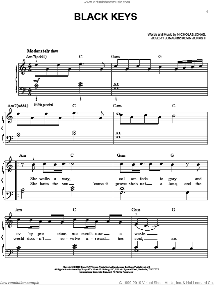 Black Keys sheet music for piano solo by Jonas Brothers, Joseph Jonas, Kevin Jonas II and Nicholas Jonas, easy skill level