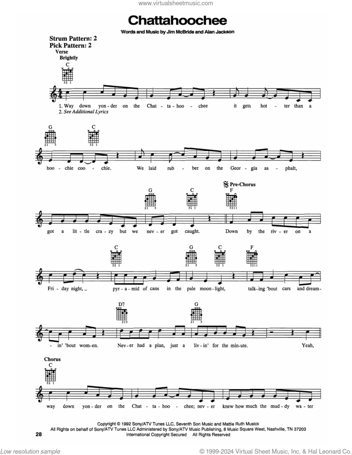 Chattahoochee sheet music for guitar solo (chords) by Alan Jackson and Jim McBride, easy guitar (chords)