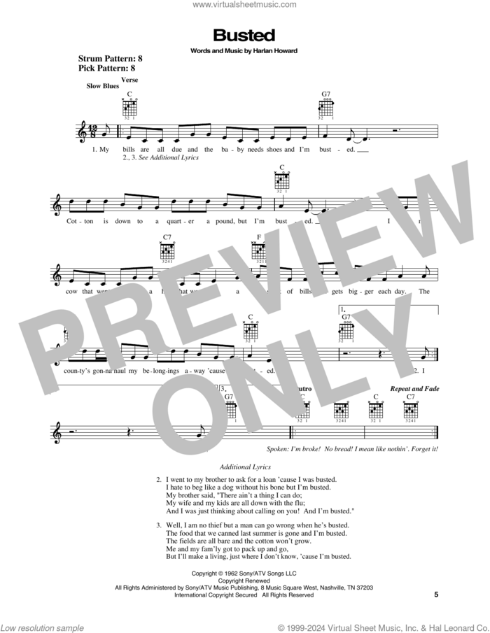 Busted sheet music for guitar solo (chords) by Johnny Cash and Harlan Howard, easy guitar (chords)