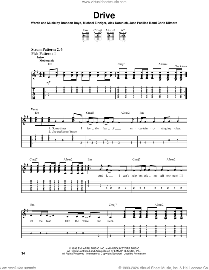 Drive sheet music for guitar solo (easy tablature) by Incubus, Alex Katunich, Brandon Boyd, Chris Kilmore, Jose Pasillas II and Michael Einziger, easy guitar (easy tablature)