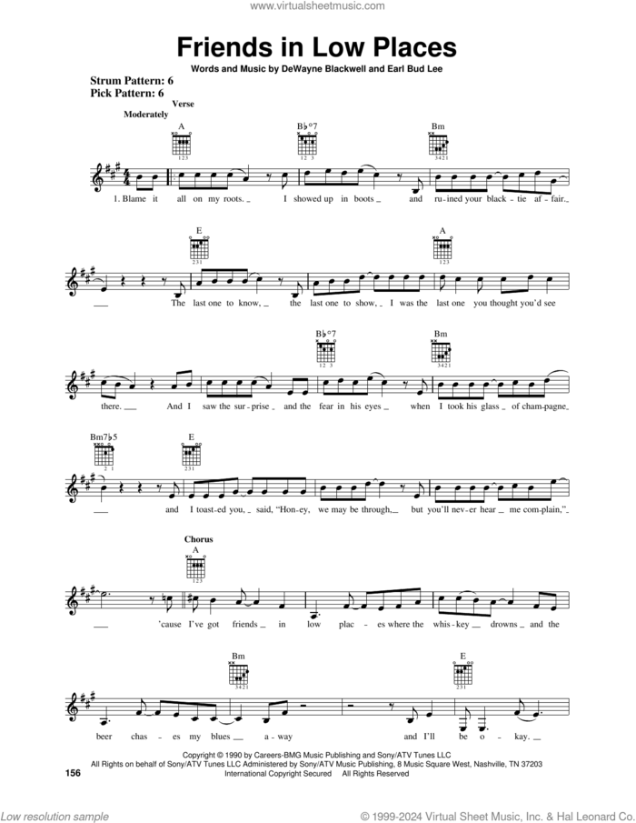 Friends In Low Places sheet music for guitar solo (chords) by Garth Brooks, DeWayne Blackwell and Earl Bud Lee, easy guitar (chords)