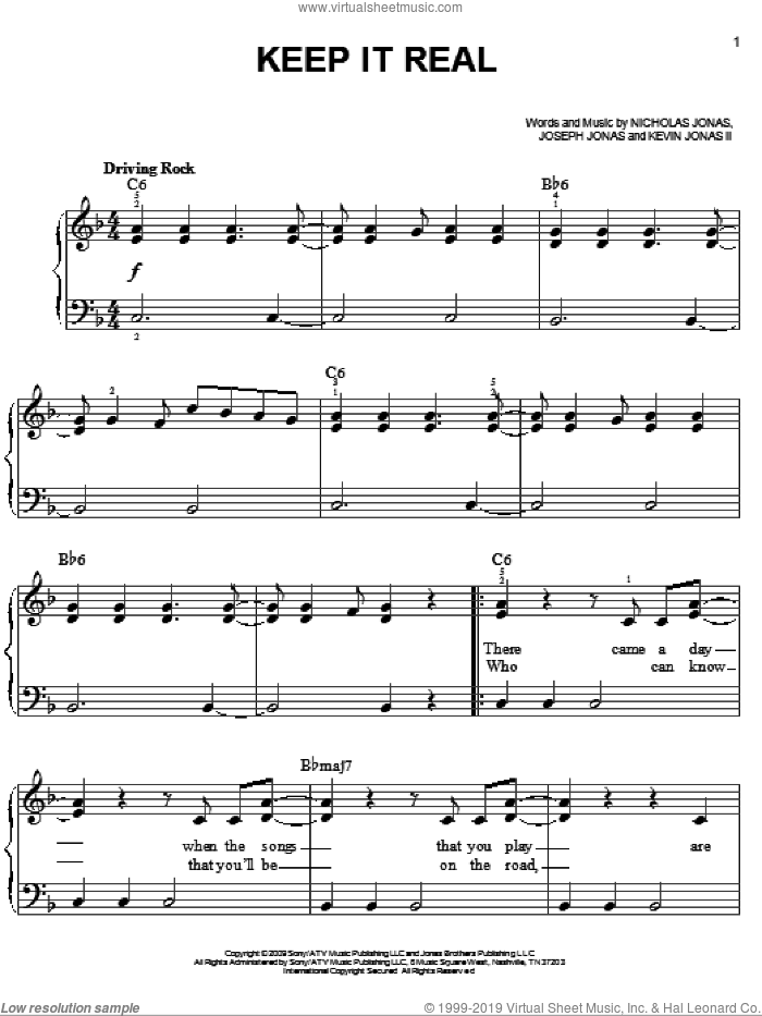 Keep It Real sheet music for piano solo by Jonas Brothers, Joseph Jonas, Kevin Jonas II and Nicholas Jonas, easy skill level