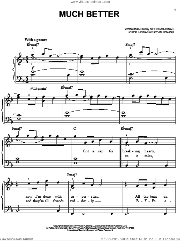 Much Better sheet music for piano solo by Jonas Brothers, Joseph Jonas, Kevin Jonas II and Nicholas Jonas, easy skill level