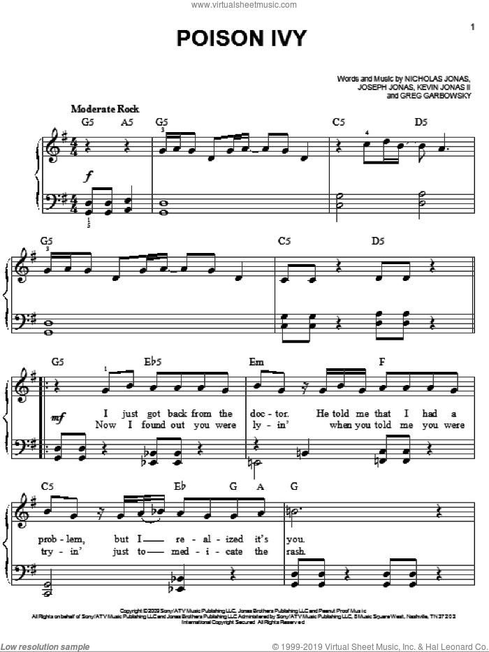 Poison Ivy sheet music for piano solo by Jonas Brothers, Greg Garbowsky, Joseph Jonas, Kevin Jonas II and Nicholas Jonas, easy skill level