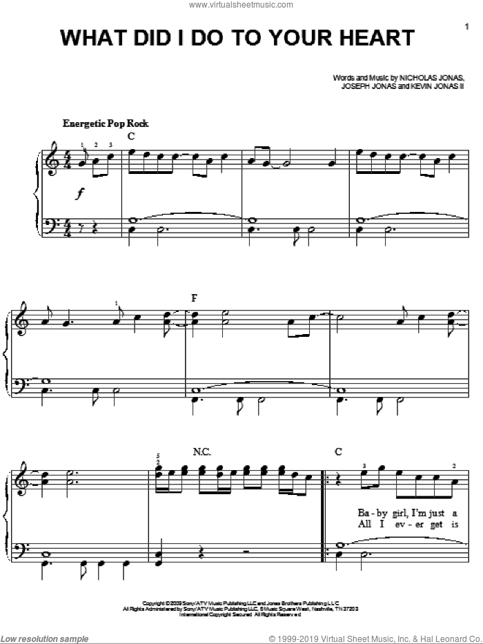 What Did I Do To Your Heart sheet music for piano solo by Jonas Brothers, Joseph Jonas, Kevin Jonas II and Nicholas Jonas, easy skill level