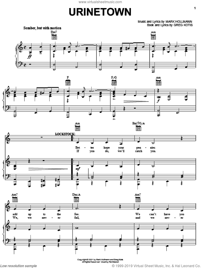 Urinetown sheet music for voice, piano or guitar by Urinetown (Musical), Greg Kotis and Mark Hollmann, intermediate skill level