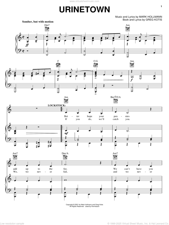 Urinetown sheet music for voice, piano or guitar by Urinetown (Musical), Greg Kotis and Mark Hollmann, intermediate skill level