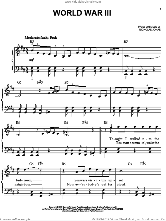 World War III sheet music for piano solo by Jonas Brothers and Nicholas Jonas, easy skill level