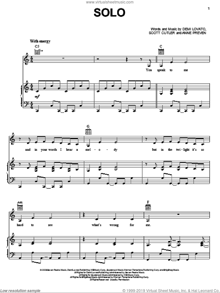 Solo sheet music for voice, piano or guitar by Demi Lovato, Anne Preven and Scott Cutler, intermediate skill level