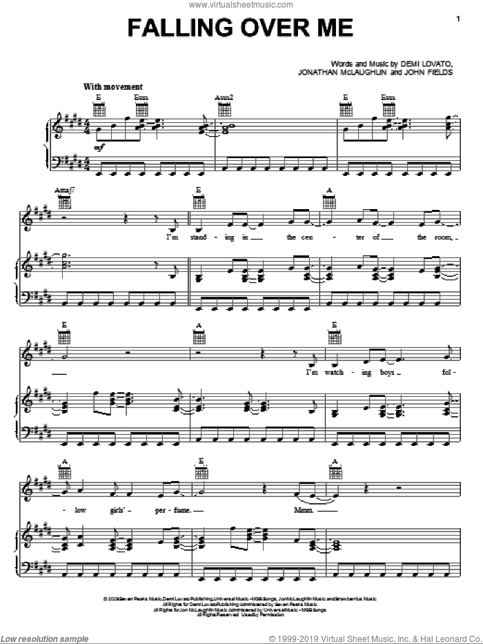 Falling Over Me sheet music for voice, piano or guitar by Demi Lovato, John Fields and John McLaughlin, intermediate skill level