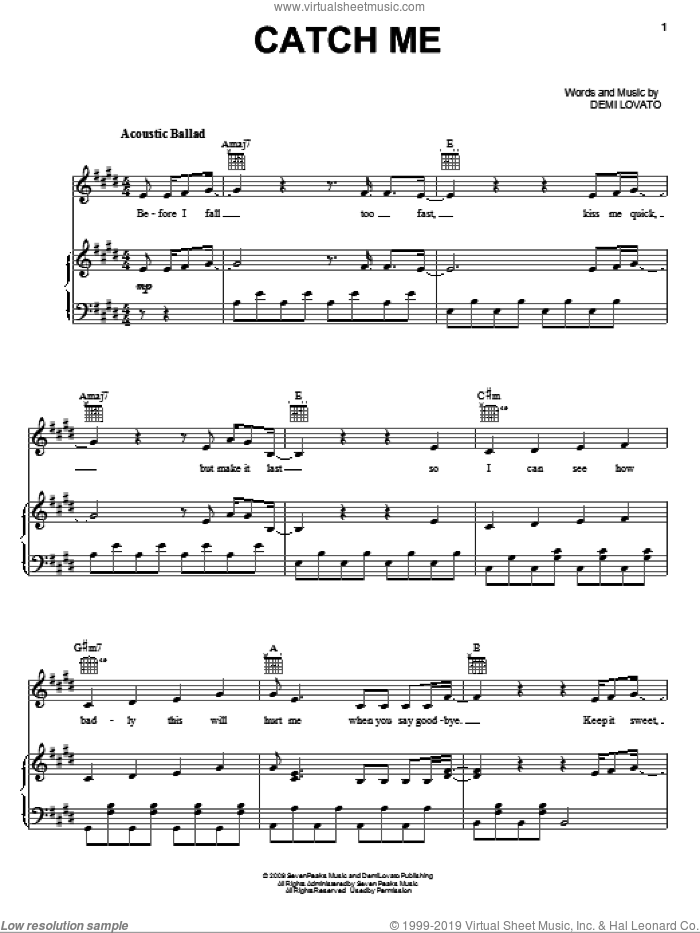 Catch Me sheet music for voice, piano or guitar by Demi Lovato, intermediate skill level
