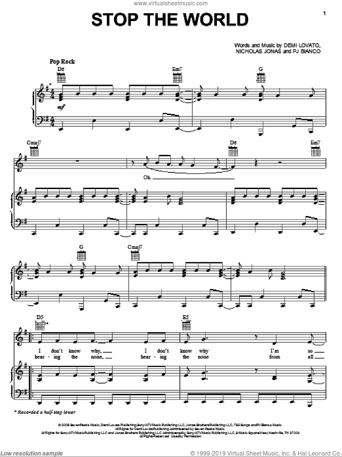 Stop The World sheet music for voice, piano or guitar by Demi Lovato, Nicholas Jonas and PJ Bianco, intermediate skill level