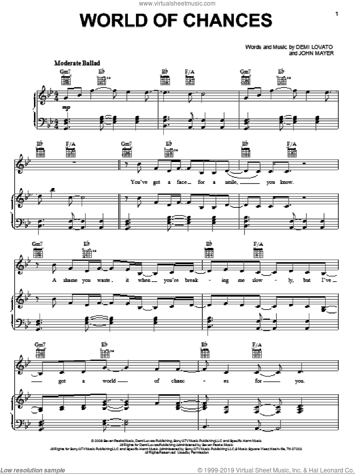 World Of Chances sheet music for voice, piano or guitar by Demi Lovato and John Mayer, intermediate skill level