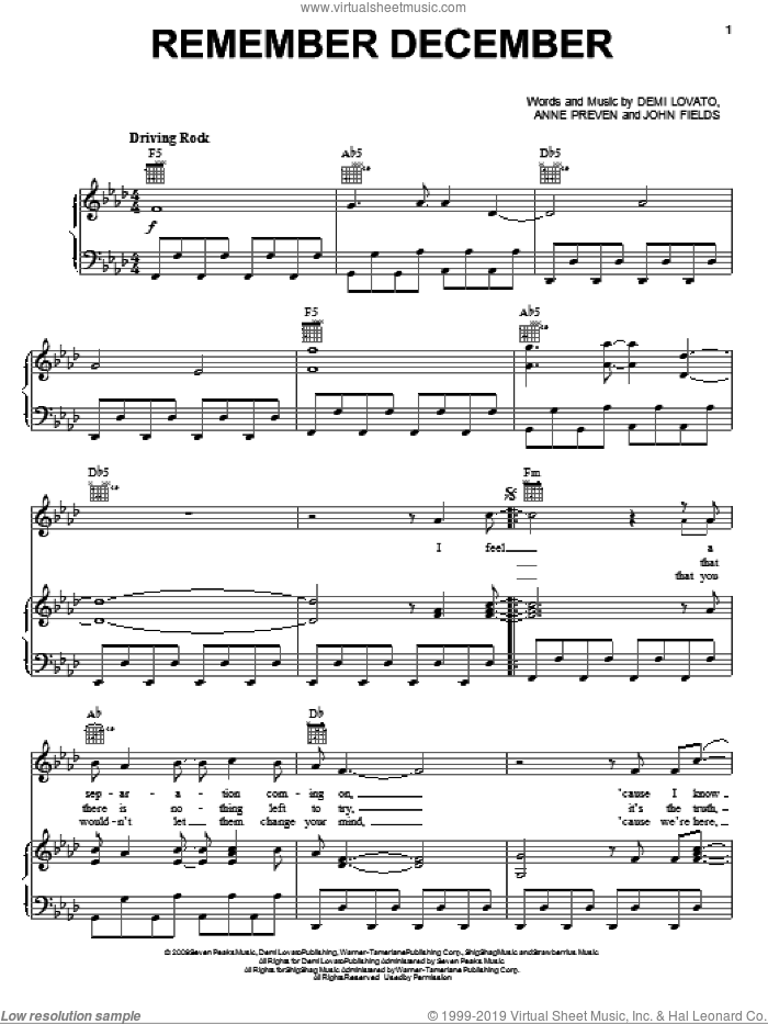 Remember December sheet music for voice, piano or guitar by Demi Lovato, Anne Preven and John Fields, intermediate skill level