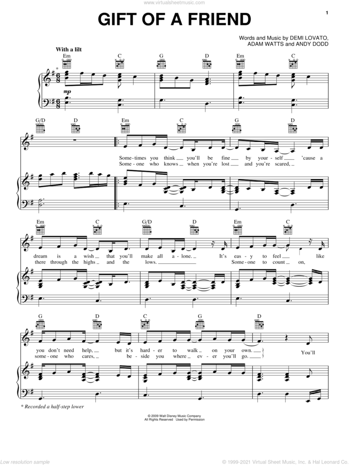 Gift Of A Friend sheet music for voice, piano or guitar by Demi Lovato, Adam Watts and Andy Dodd, intermediate skill level