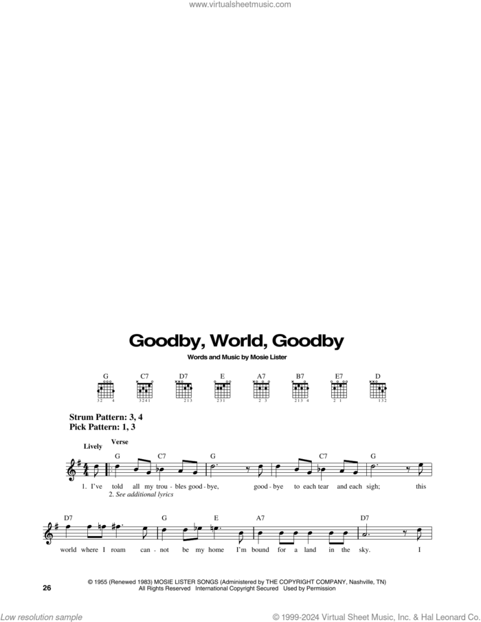 Goodbye World Goodbye sheet music for guitar solo (chords) by Mosie Lister, easy guitar (chords)