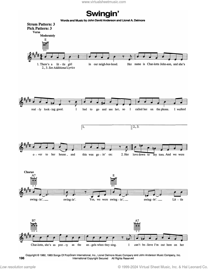Swingin' sheet music for guitar solo (chords) by John Anderson, John David Anderson and Lionel Delmore, easy guitar (chords)